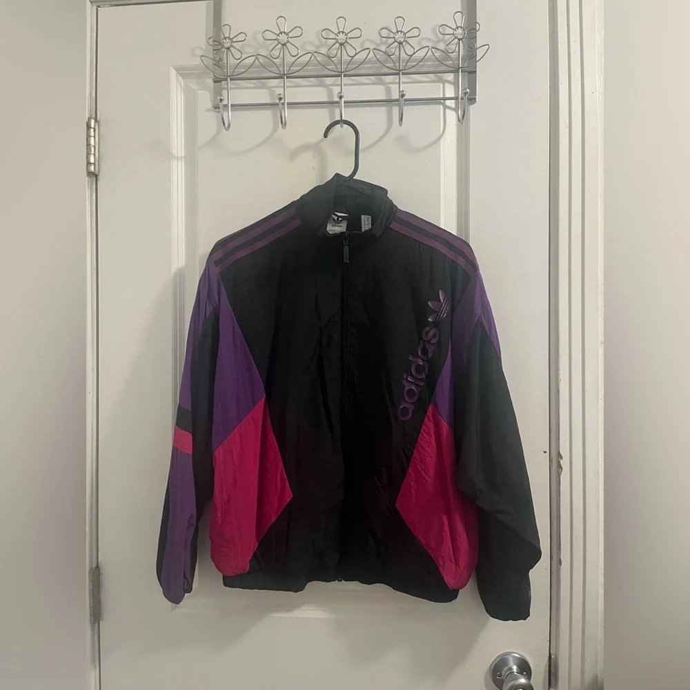 Adidas Women's Black, Purple, and Pink Bomber Jacket